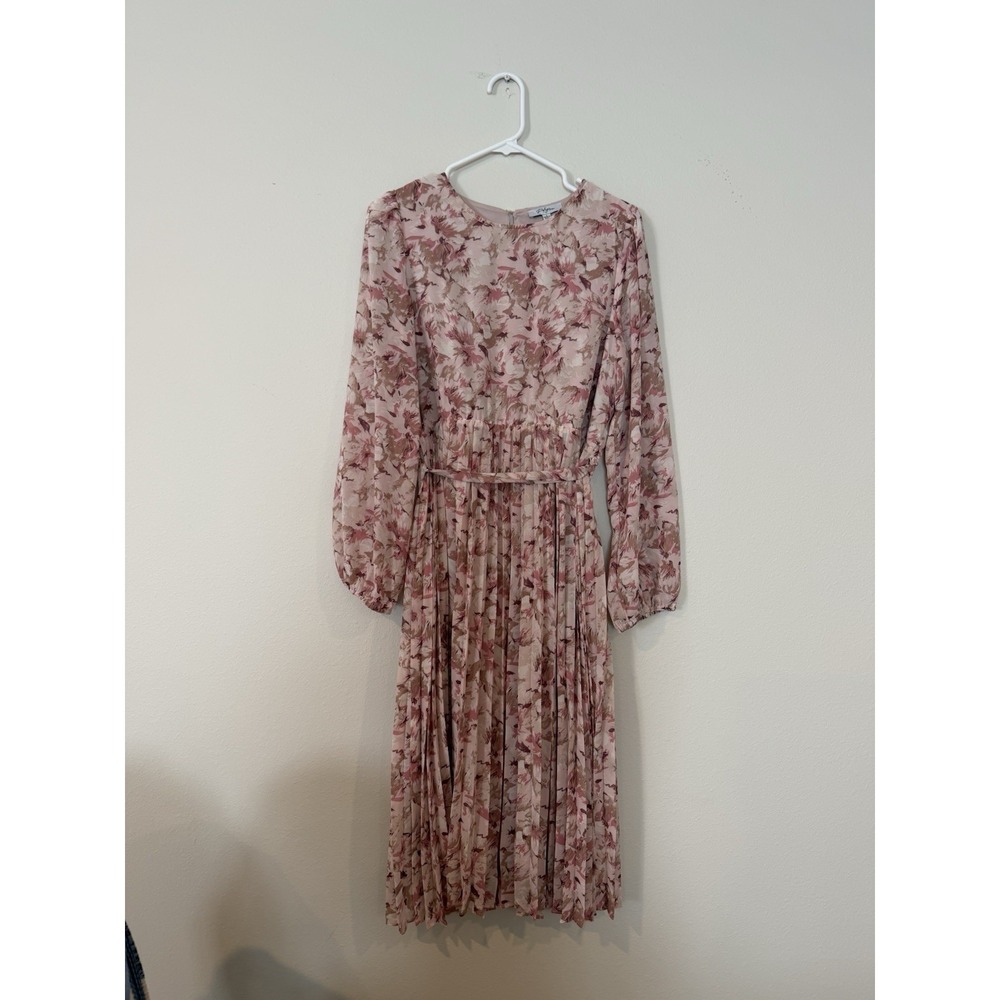 Pink Midi Floral Sheer Sleeve Spring/Summer Accordion Skirt Size Large.